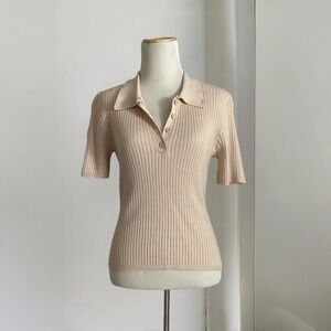 Avec Les Filles Collared Ribbed Knit Short Sleeve Top